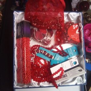 Red glass bead bundle , with red hat society charms /bracelet